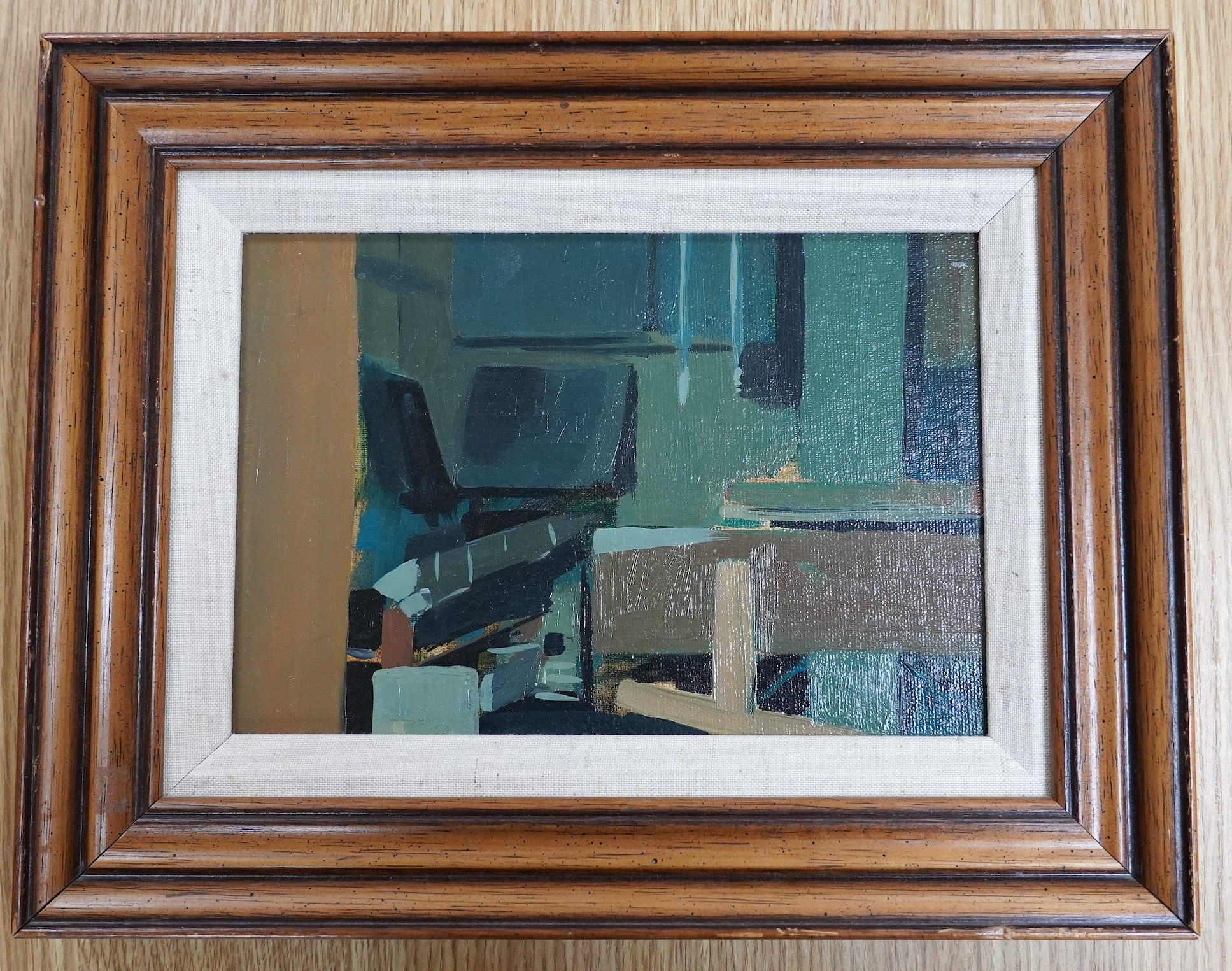 David Douglas (contemporary), oil on board, Abstract composition, 'Studio', monogrammed and dated '86, details verso, 16 x 23.5cm